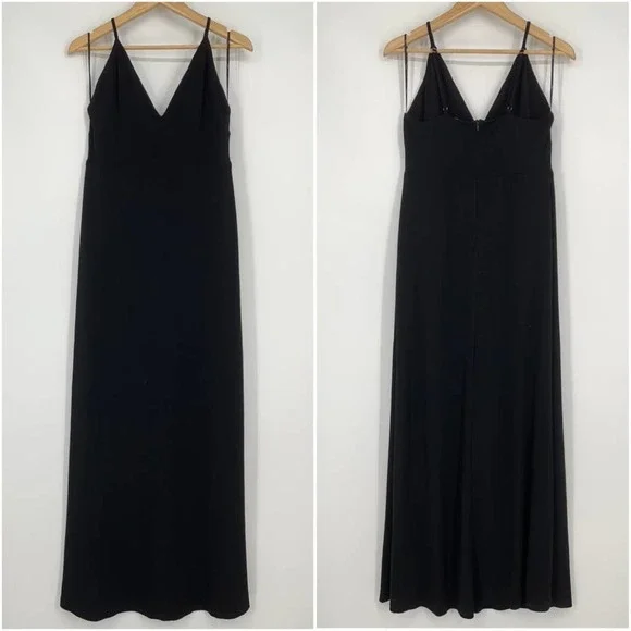 Lulus V Neck Spaghetti Strap Stretch Crepe Maxi Dress Bridesmaid Gown, Black - Picture 2 of 9